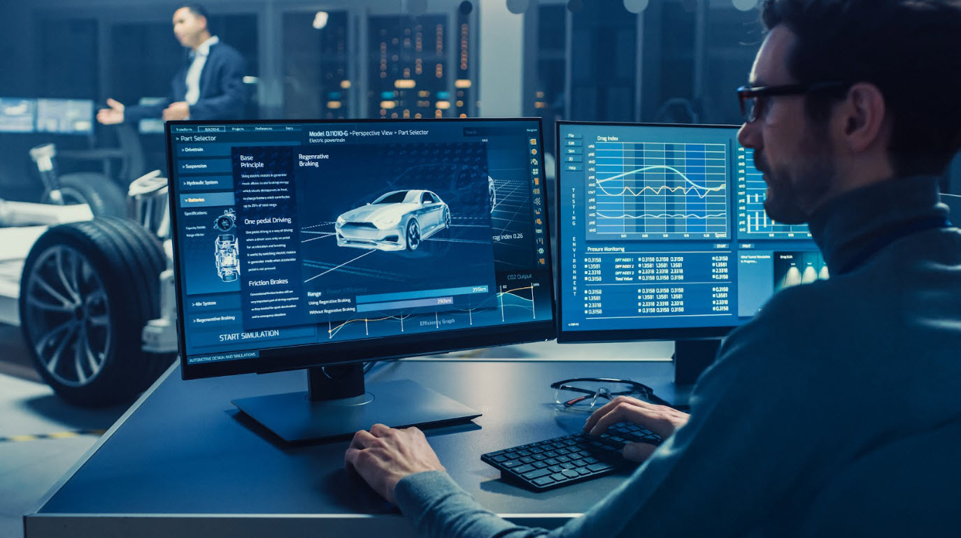 An electric vehicle designer sits behind a computer revealing the specs to a new car