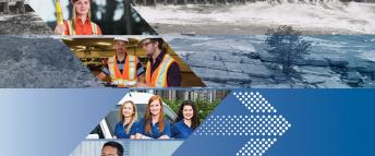 A photo collage including images of a female customer service agent, a hydroelectric generator, a HO employee reading a meter, and a roof mounted solar panel