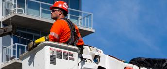 Hydro Ottawa tree trimmer in an aerial bucket with a large tree in the background