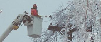Photo of powerline maintainer in an aerial bucket surrounded by ice covered trees working to restore power in the aftermath of the 1998 Ice Storm.