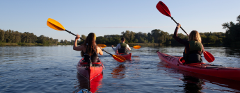 A group of friends kayaking with life jackets on