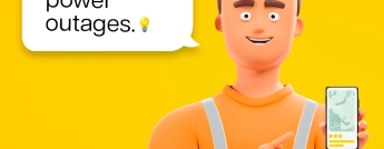 A cartoon powerline worker holding a cell phone points at it with a word bubble that reads "Stay in the know about power outages."