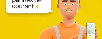 A cartoon powerline worker holding a cell phone points at it with a word bubble that reads "Soyez au courant des pannes de courant."