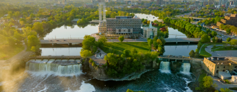 Aerial view of Ottawa's former City Hall building at the Rideau Falls